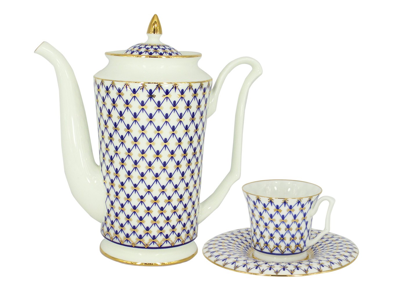 Coffee Pot Yulia Cobalt Net and Espresso Cup Set Lomonosov Bone China Porcelain