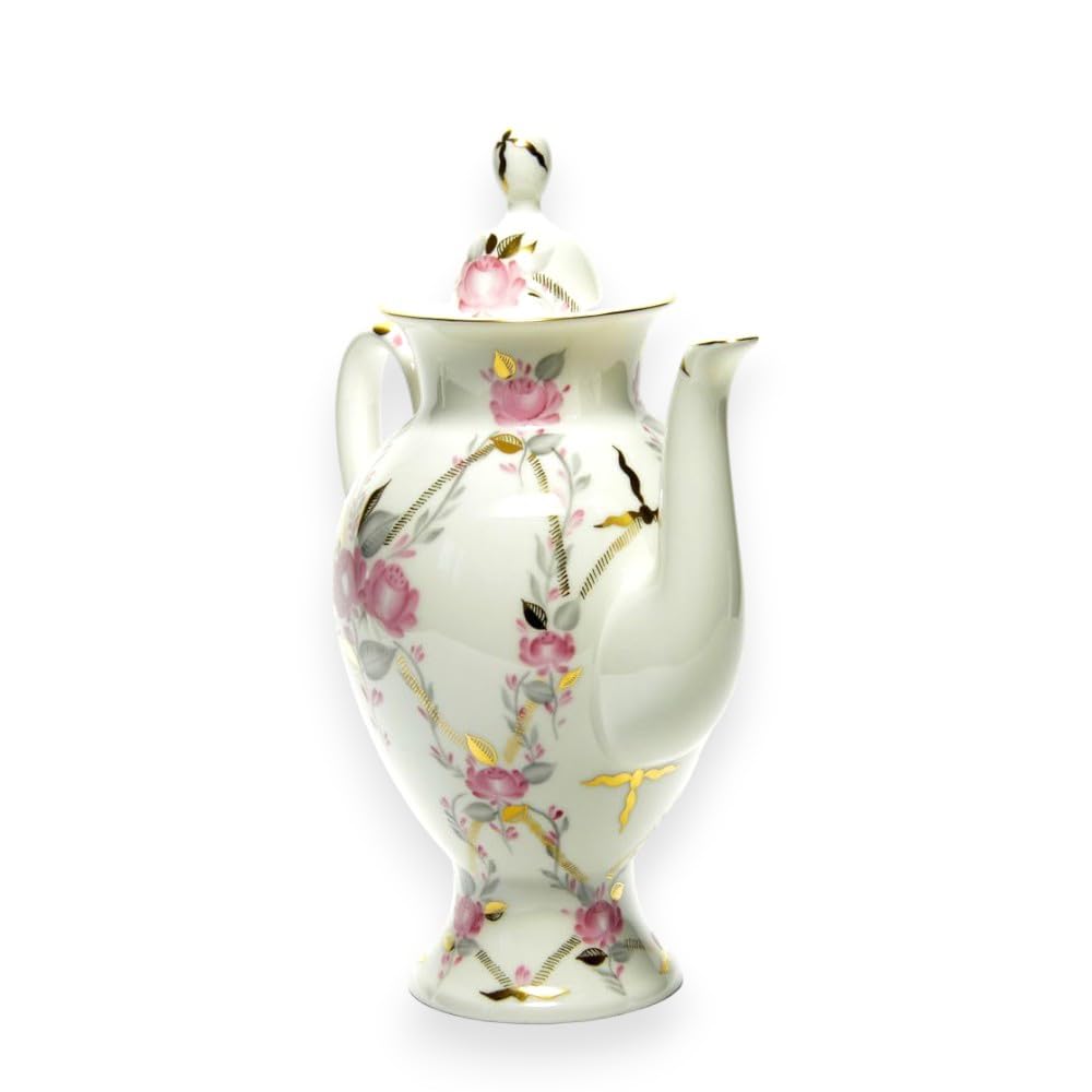 LOMONOSOV IMPERIAL BONE CHINA PORCELAIN COFFEE/TEA POT GALLANT 630 ml 21.3 oz, White, Pink, Green
