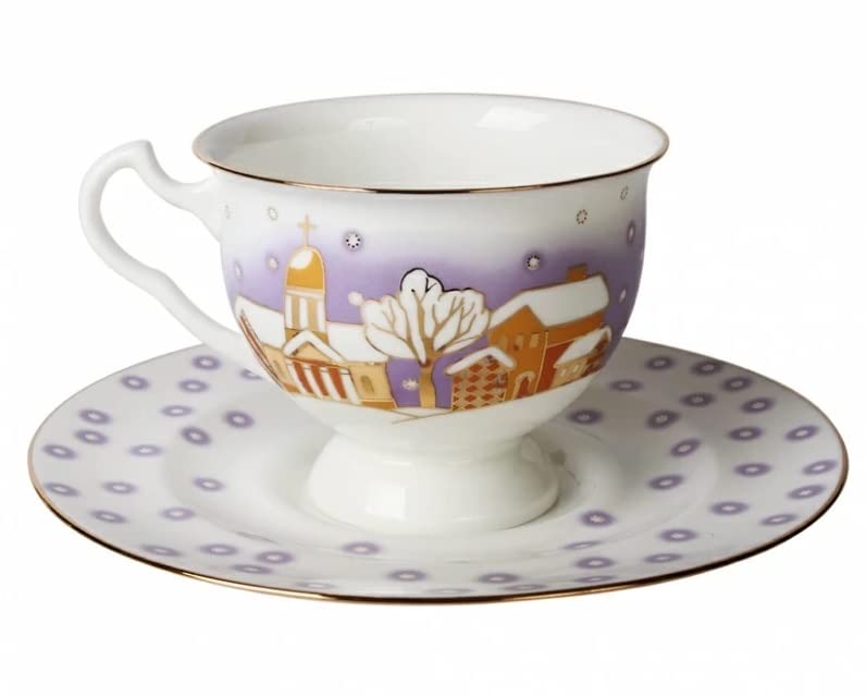 Lomonosov Porcelain Tea Cup and Saucer Snowfall Bone China 8.12 fl.oz/240 ml
