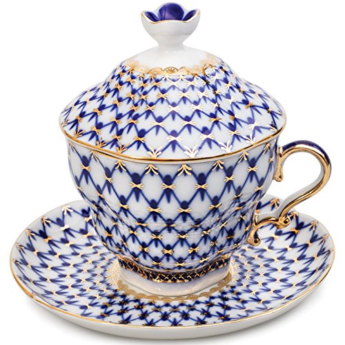 Imperial / Lomonosov Porcelain Cobalt Net Teacup w/ Saucer & Lid