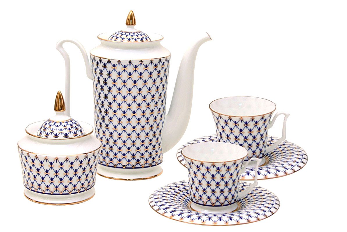 Coffee Set 4 pc Yulia Cobalt Net: Coffee Pot, Sugar Bowl, 2 Esprecco Cups Lomonosov Bone China Porcelain