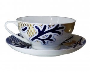 Lomonosov Porcelain Bone China Tea/Coffee Set Cup and Saucer Dome Blue Pattern 10 oz/300 ml