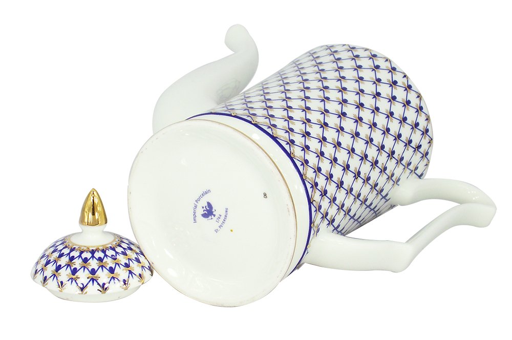 Coffee Set 4 pc Yulia Cobalt Net: Coffee Pot, Sugar Bowl, 2 Esprecco Cups Lomonosov Bone China Porcelain