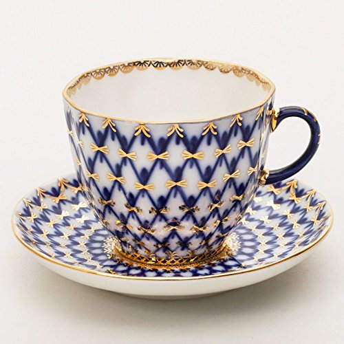 Imperial / Lomonosov Porcelain Coffee Cup w/ Saucer 'Cobalt Net'