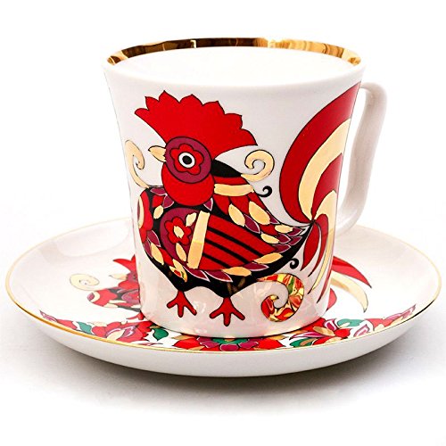 Lomonosov Porcelain Mug and Saucer Leningradskii Red Rooster 12.2 fl.oz/360 ml