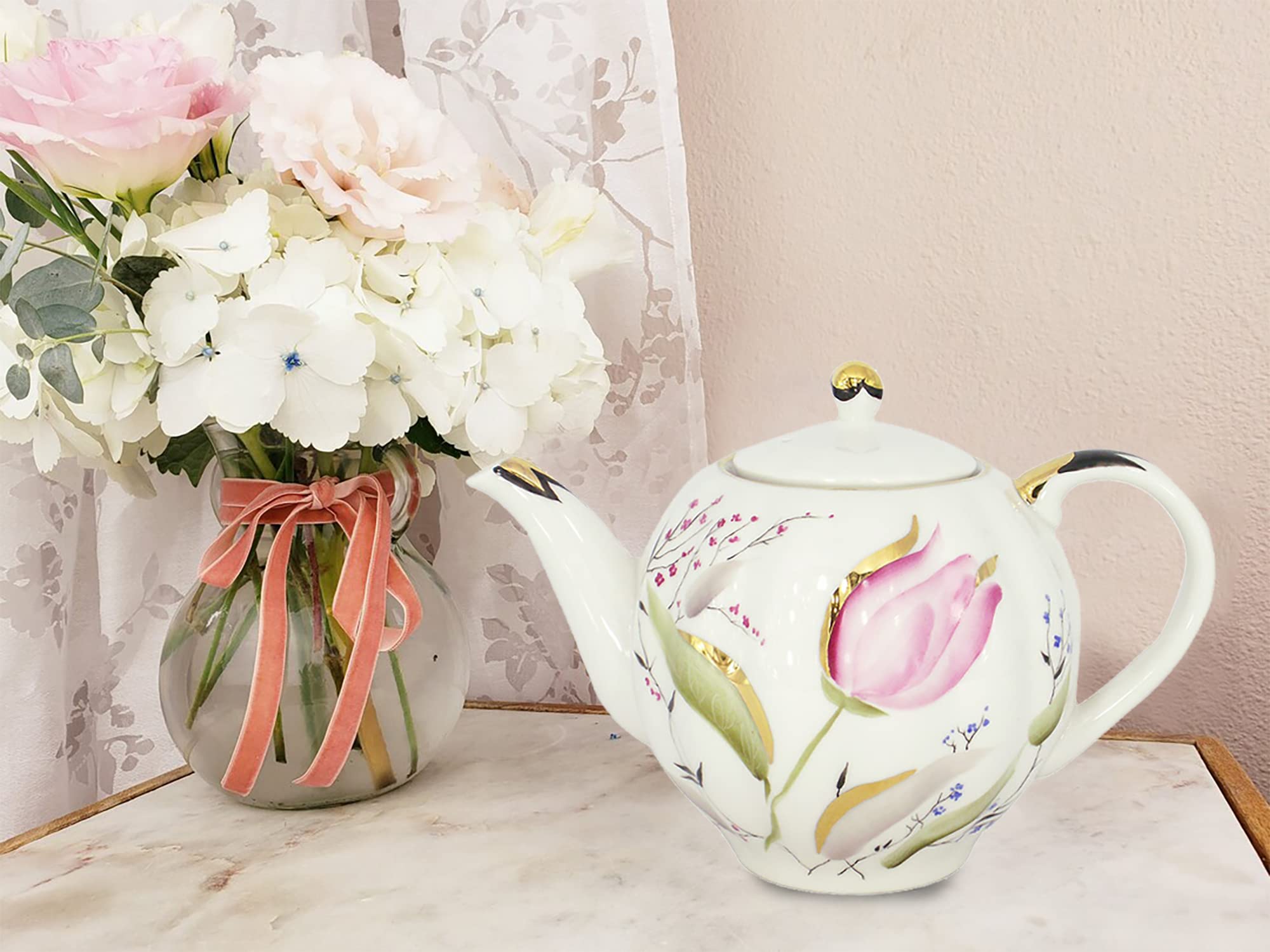Lomonosov Porcelain Tea Pot Tulip Pink Tulips 3 Cup 20 oz/600 ml