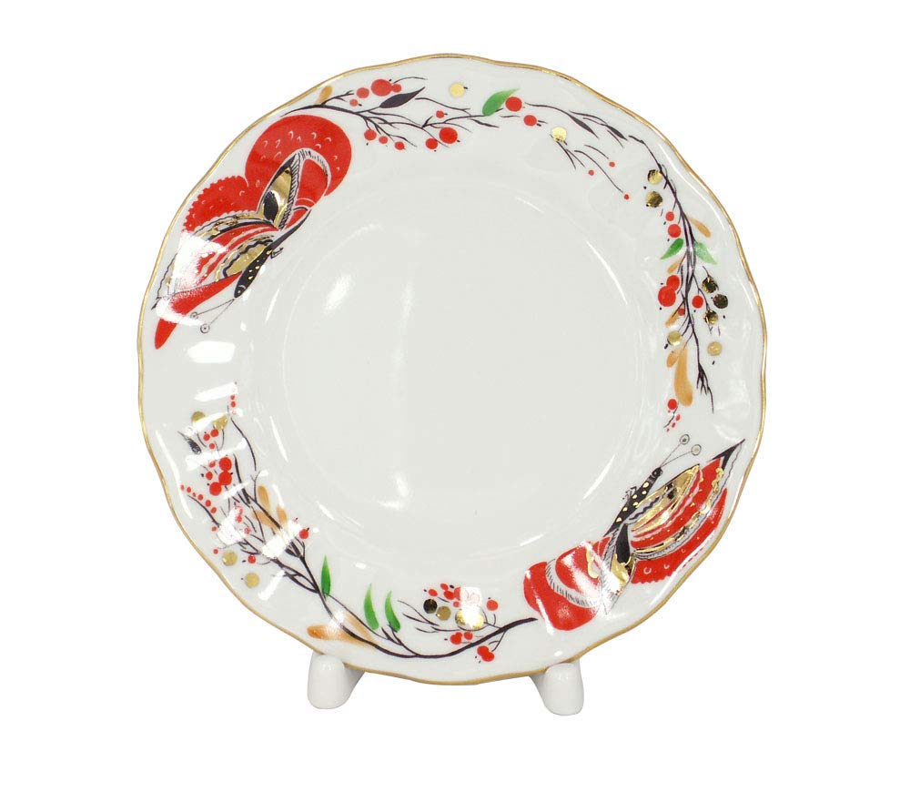 Lomonosov Porcelain Tea Set Cup, Saucer and Cake Plate Red Butterflies 3pc