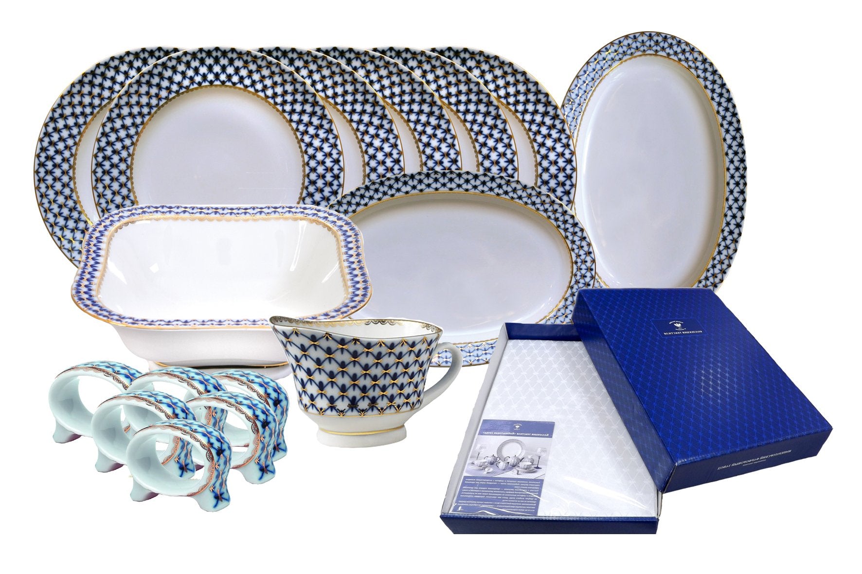 Lomonosov Imperial Porcelain Dinner Set eith Tablecloth Cobalt Net 23 Items