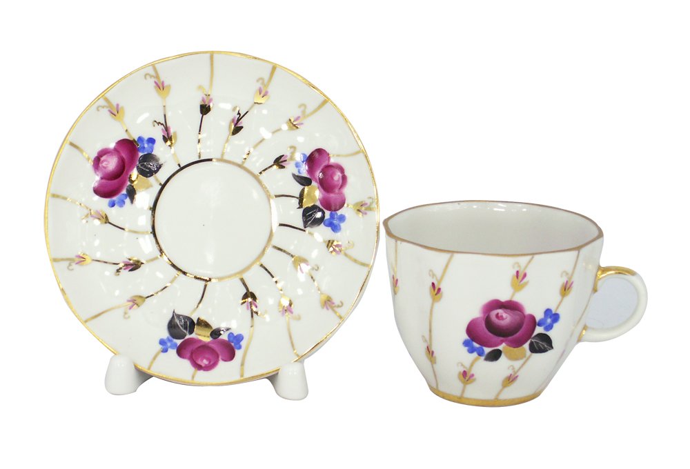 Lomonosov Porcelain Tulip Espresso Cup and Saucer Set Roses 4.7 oz/140 ml