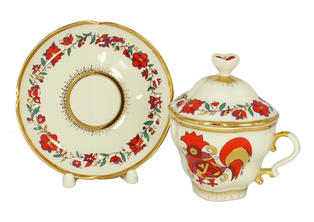 Lomonosov Porcelain Covered Cup Set Gift-2 Red Rooster 8.45 oz/250 ml