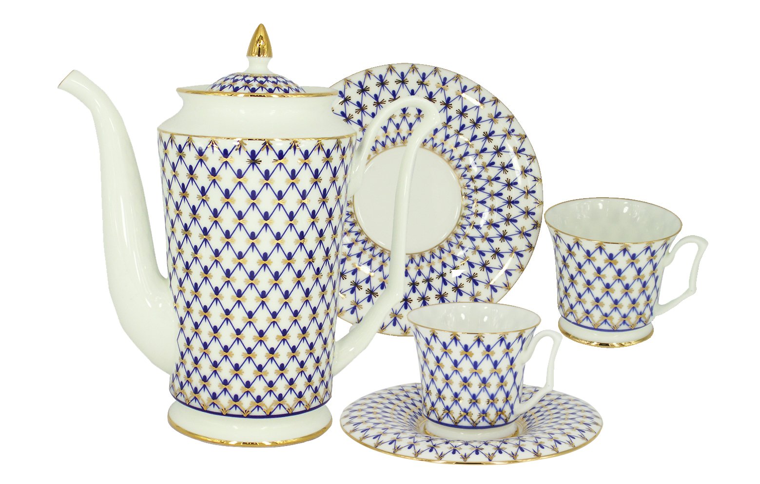 Coffee Pot Yulia Cobalt Net and 2 Espresso Cups Lomonosov Bone China Porcelain
