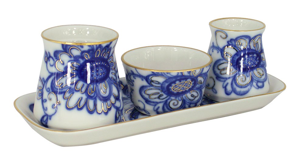 Lomonosov Porcelain Singing Garden Spice Set 4 pc: Tray, Salt Cellar, Pepper Box, Sauceboat