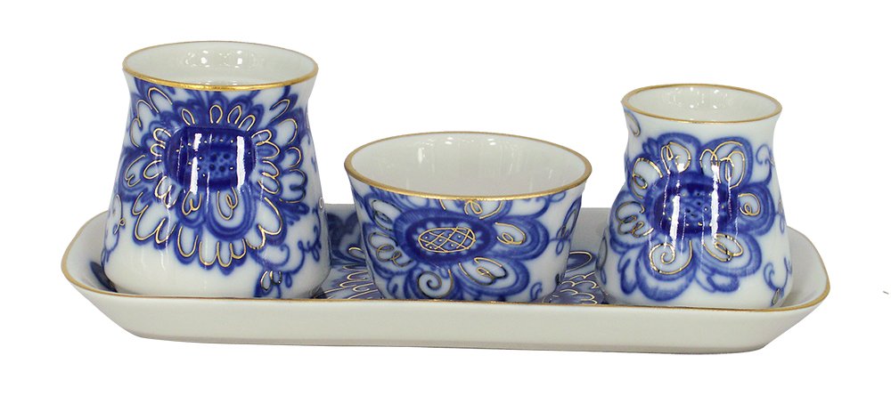 Lomonosov Porcelain Singing Garden Spice Set 4 pc: Tray, Salt Cellar, Pepper Box, Sauceboat
