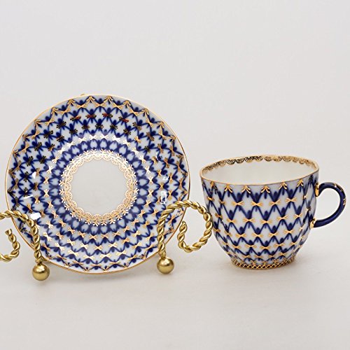 Imperial / Lomonosov Porcelain Coffee Cup w/ Saucer 'Cobalt Net'