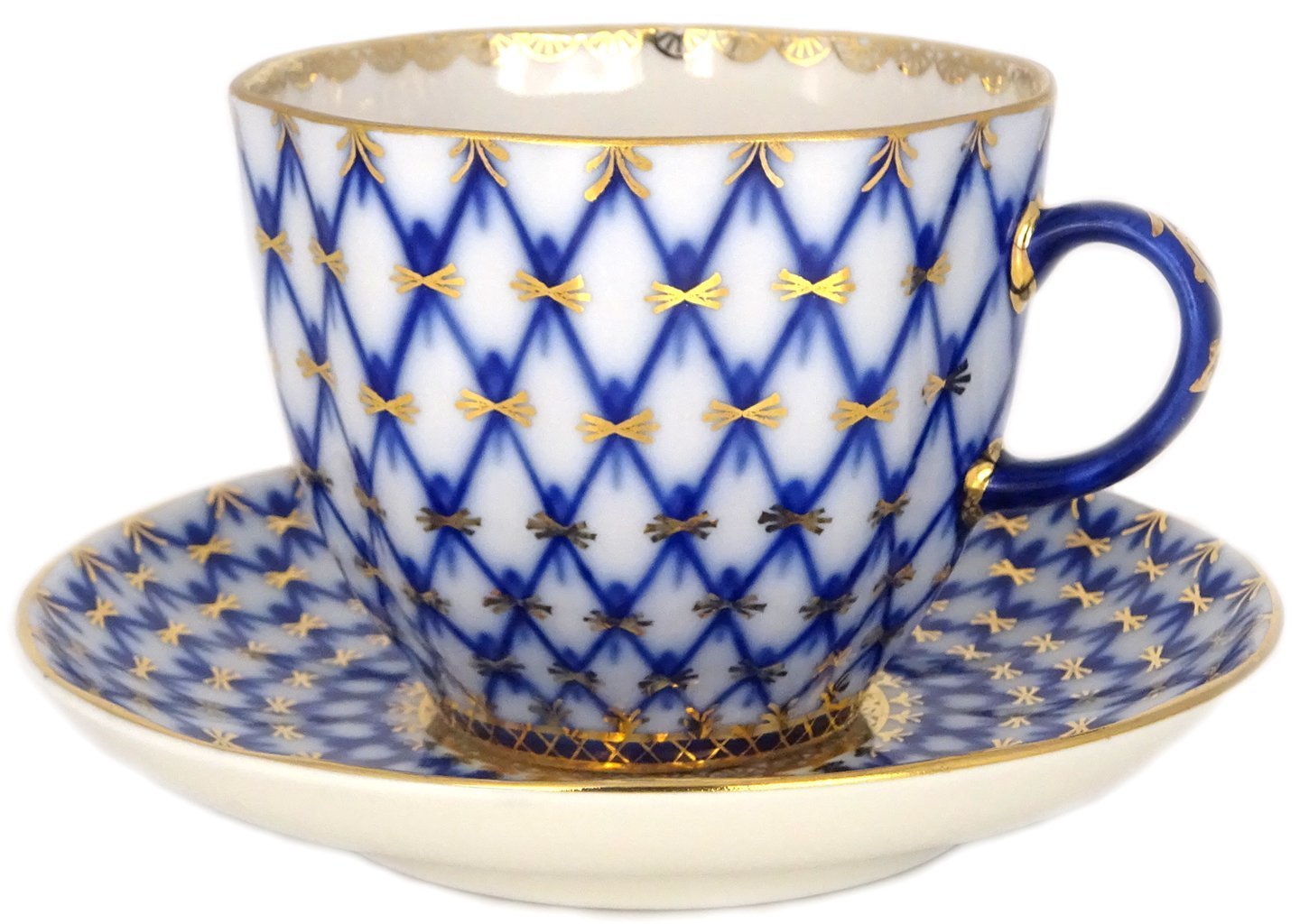 Lomonosov Imperial Porcelain Espresso Coffee Tea Cup with Saucer Cobalt Net