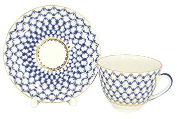 Lomonosov Porcelain Tea Set 3pc Cup, Saucer and Cake Plate Spring Cobalt Net 7.8 oz/230 ml