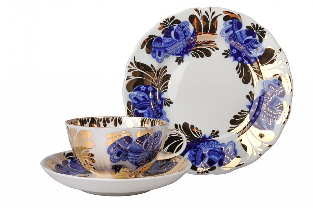 Lomonosov Porcelain Tea Set Tulip Golden Garden 20 pcs 6/20: Tea Pot, Sugar Bowl, 6 Cups with Saucers and 6 Cake Plates