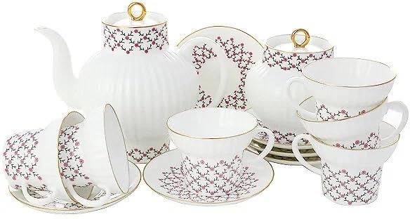 Bone China Tea Pot Wave Pink Net 27 fl.oz/800 ml and 2 Cups Lomonosov Porcelain Factory