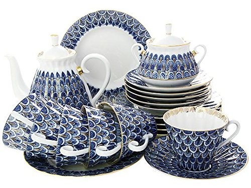 Lomonosov Porcelain Tea Set 6/20 Forget Me Not: Tea Pot, Sugar Bowl, 6 Cups with Saucers and 6 Cake Plates