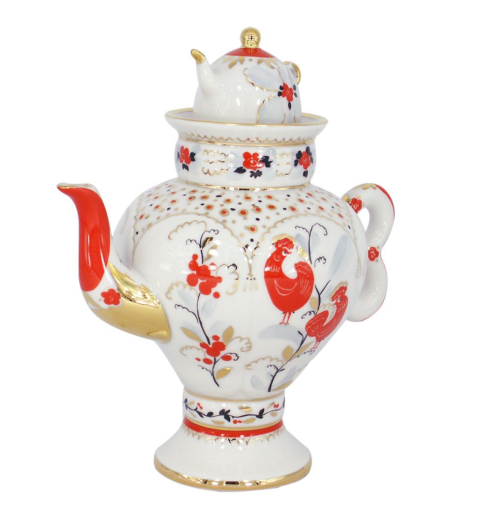 Lomonosov Porcelain Teapot Samovar Red Magic Birds 16.2 fl.oz/480 ml