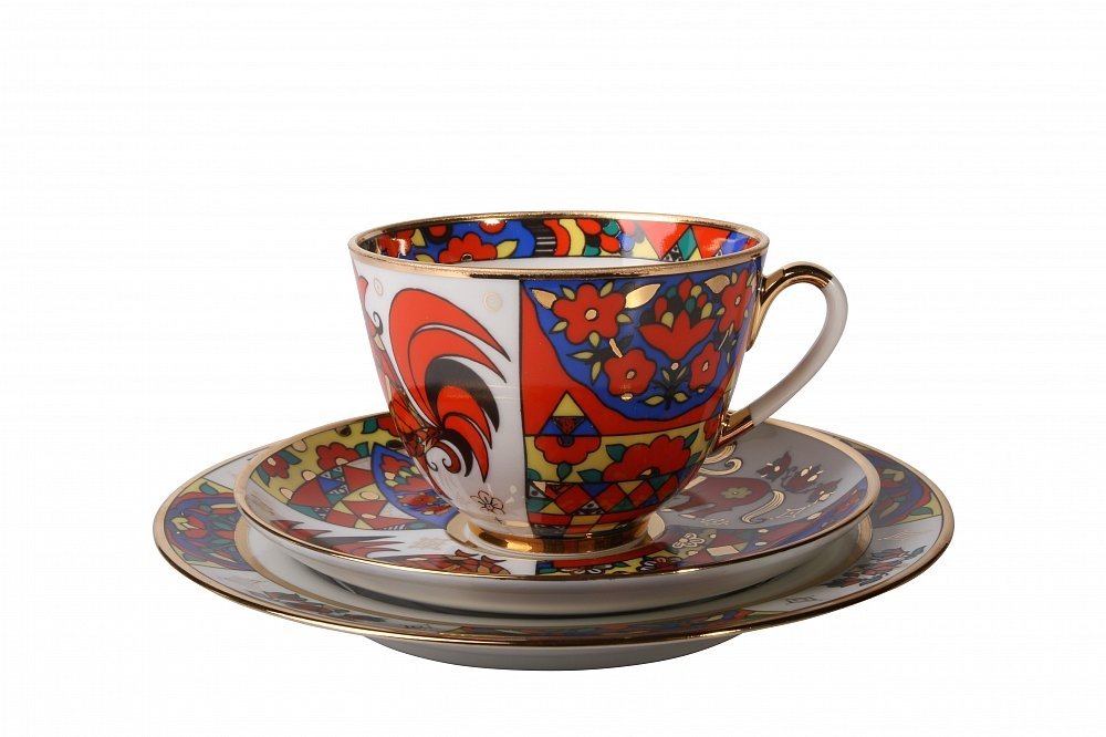 Lomonosov Porcelain Tea Set 3pc Cup, Saucer and Cake Plate Spring Folk Designs 7.8 oz/230 ml