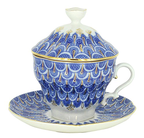Lomonosov Porcelain Covered Tea Cup with Saucer Tea Maker Forget me Not 8.45 oz/250 ml