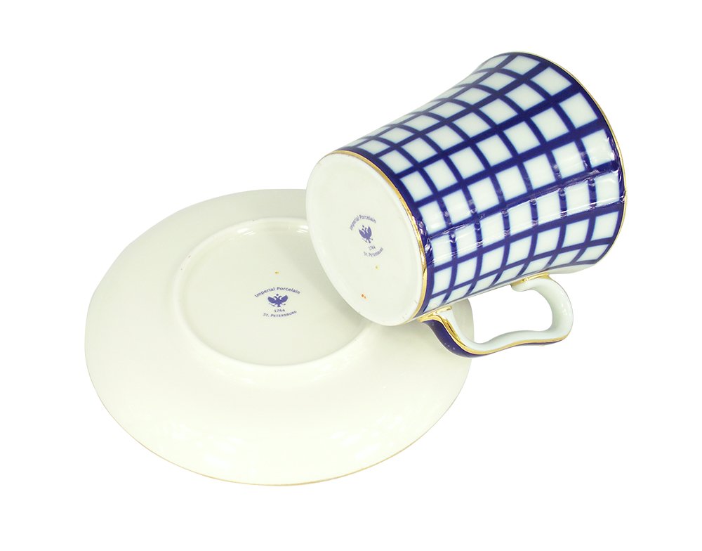 Lomonosov Porcelain Set Mug and Saucer 2pc Cobalt Cell 12.7 fl.oz