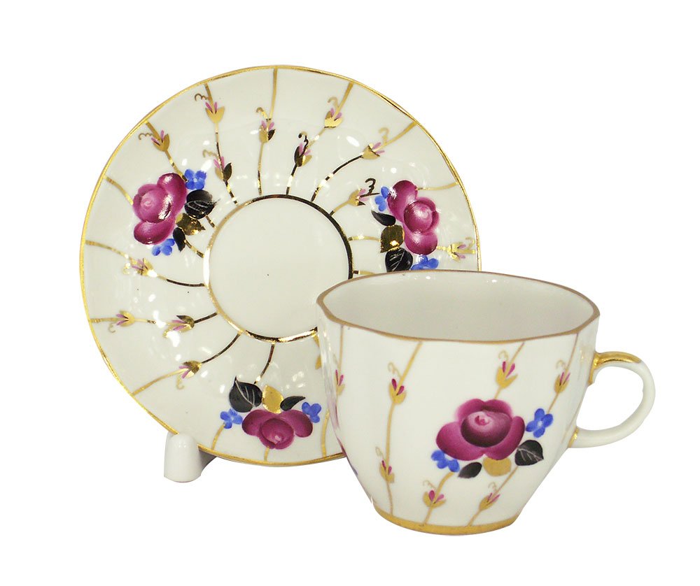 Lomonosov Porcelain Tulip Espresso Cup and Saucer Set Roses 4.7 oz/140 ml