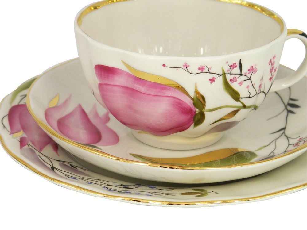 Lomonosov Porcelain Tea Set Cup, Saucer and Cake Plate Pink Tulips 3pc