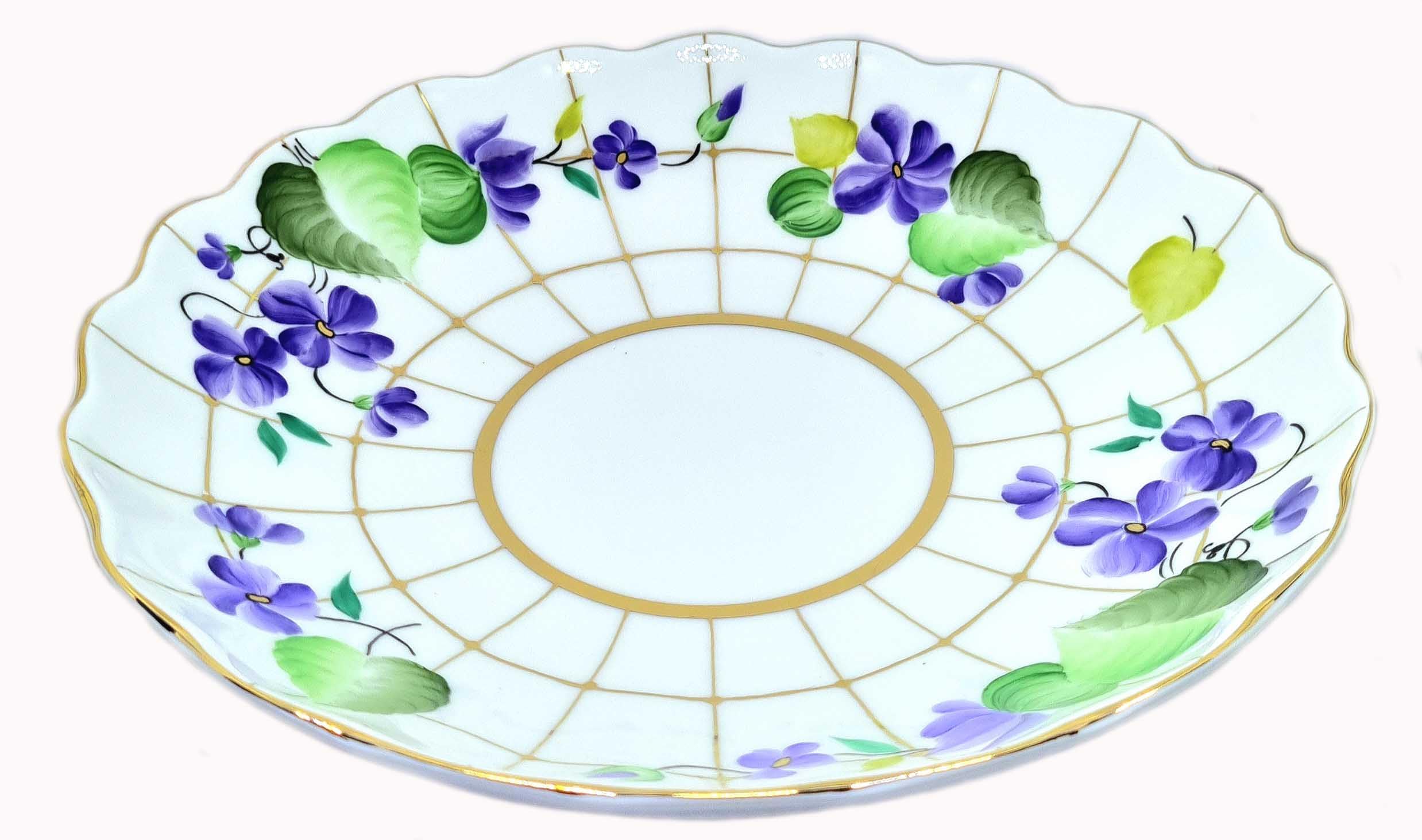 Lomonosov Imperial Porcelain Cookie Biscuit Pastry Cake Dish, 8.5"", Forest Violets Design, Purple/Green/White