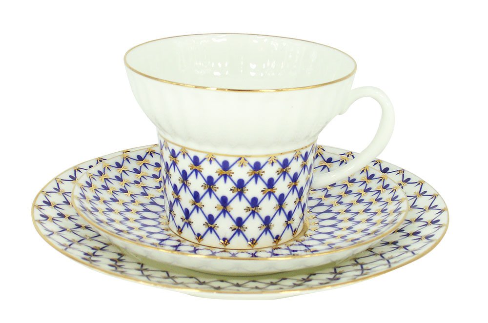 Lomonosov Porcelain Wave Coffee Cup, Saucer and Dessert Plate 3pc