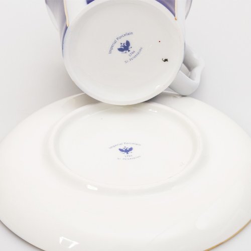 Imperial / Lomonosov Porcelain Mug w/ Saucer "Cobalt Stripes"