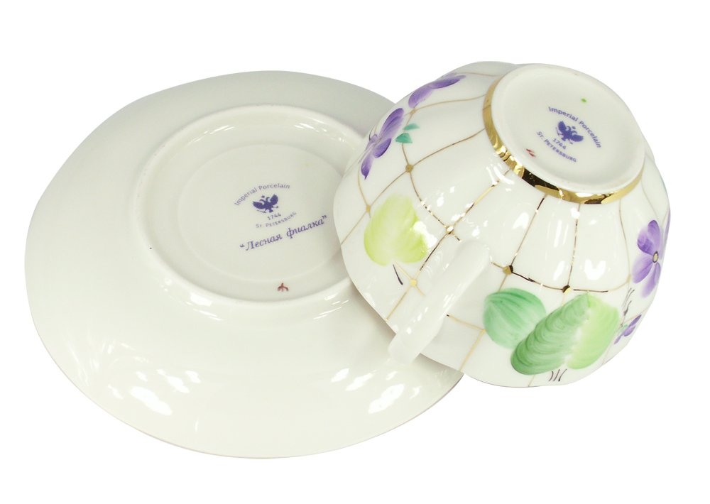 Lomonosov Porcelain Tea Tulip Set Cup and Saucer Forest Violet 2 pc 8.45 oz/250 ml