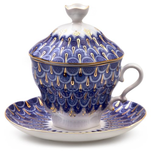Imperial / Lomonosov Porcelain 'Flake' Teacup w/ Saucer and Lid