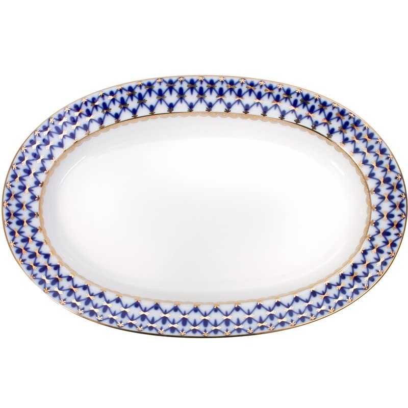 Lomonosov Porcelain Oval Platter Herring Dish Cobalt Net 13.8" x 9.4"