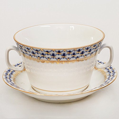 Imperial / Lomonosov Porcelain Soup Cup w/ Saucer 'Cobalt Net'