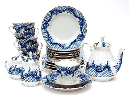 Lomonosov Porcelain Tea Set 6/20 Tenderness: Tea Pot, Sugar Bowl and 6 Cups with Saucers and Cake Plates