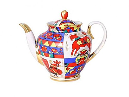 Lomonosov Porcelain Tea Set 6/20 Spring Folk Patterns: Tea Pot, Sugar Bowl, 6 Cups, Saucers and Cake Plates