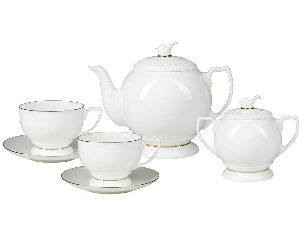 Lomonosov Imperial Porcelain Bone China Tea Set Pearl Golden Ribbon 14 items