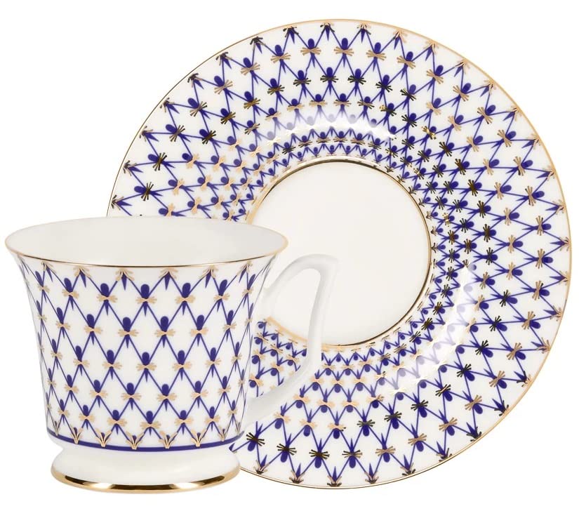 Lomonosov Porcelain Set Bone China Coffee Cup and Saucer Yulia Cobalt Net 4.9 fl.oz/145 ml