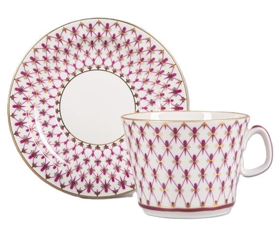 Lomonosov Porcelain Tea/Coffee Cup and Saucer Red Net 7 oz/210 ml