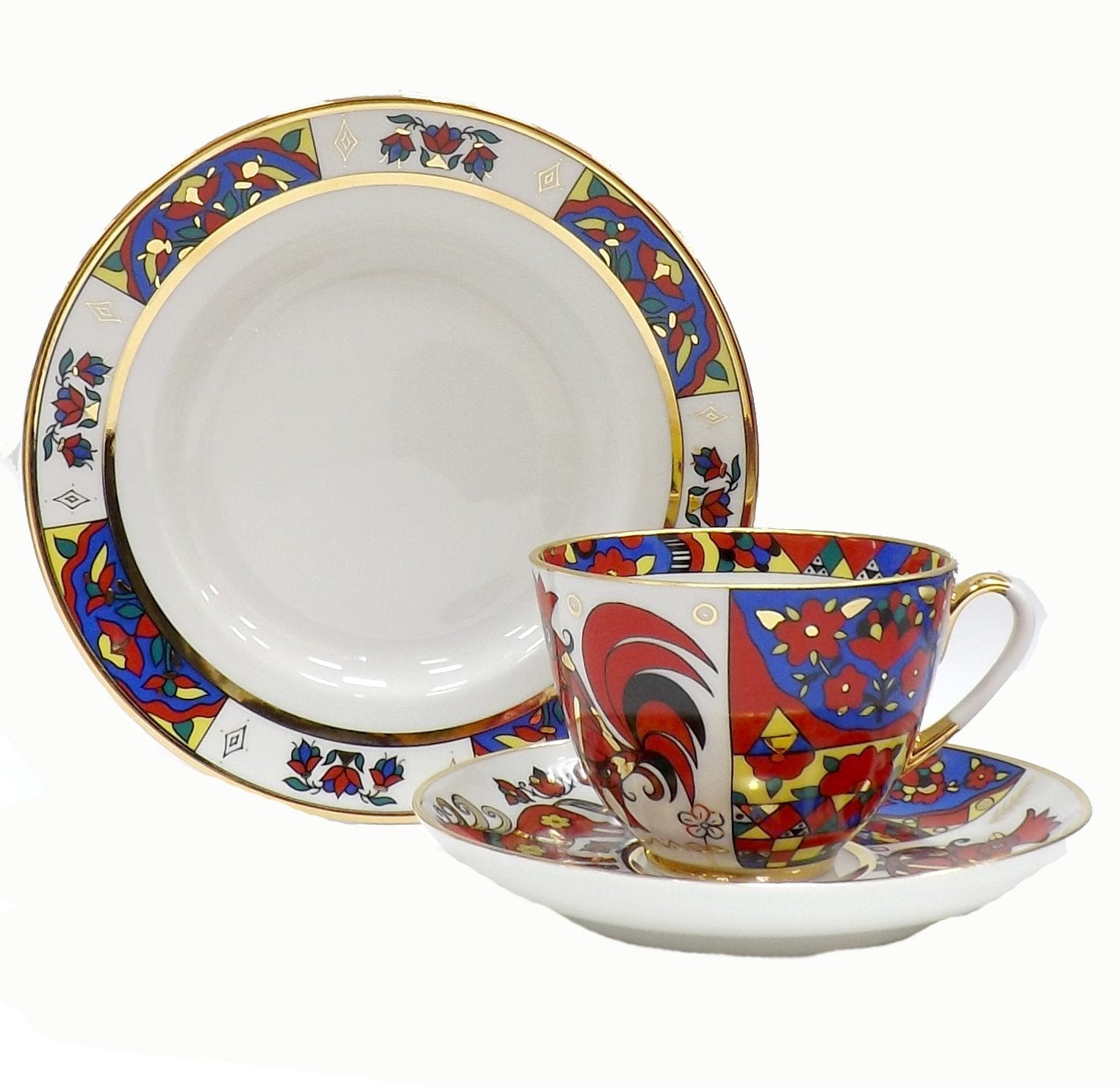 Lomonosov Porcelain Tea Set 6/20 Spring Folk Patterns: Tea Pot, Sugar Bowl, 6 Cups, Saucers and Cake Plates