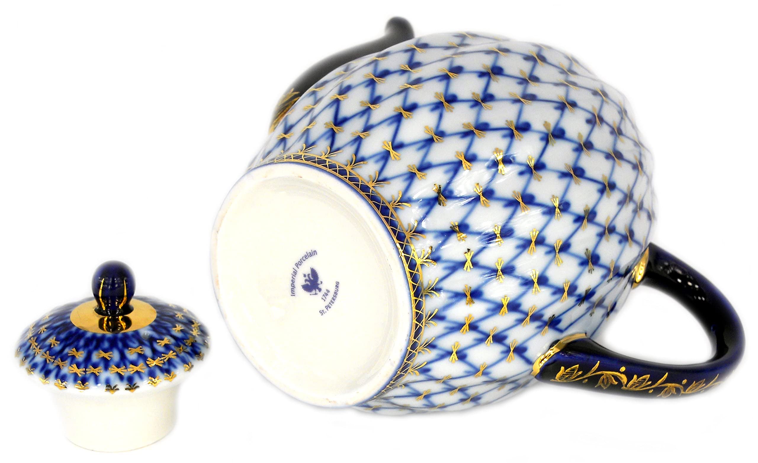 Lomonosov Porcelain 22 Karat Gold Cobalt Net Coffee Pot 8 Cups 40 oz/1200 ml