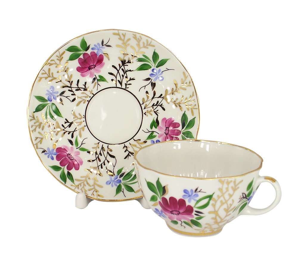 Lomonosov Imperial Porcelain Tea Set Tulip Golden Grasses 14pc