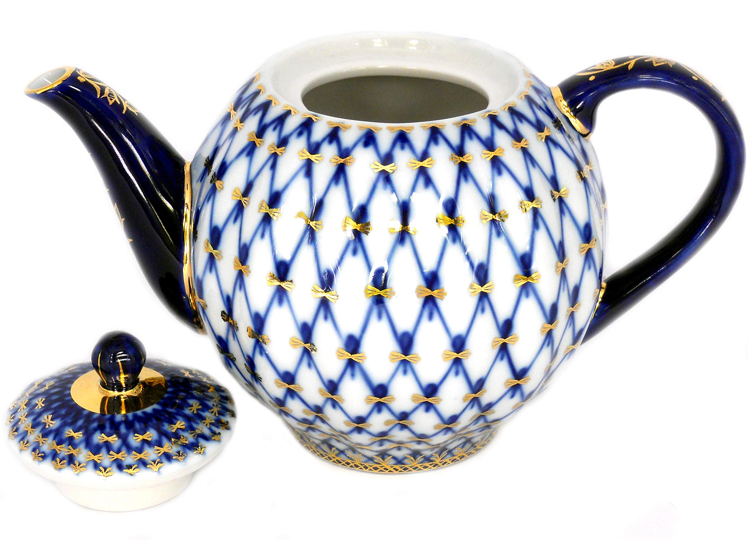 Lomonosov Porcelain 10 Cups Large Tea Pot 68 oz/2000 ml Cobalt Net
