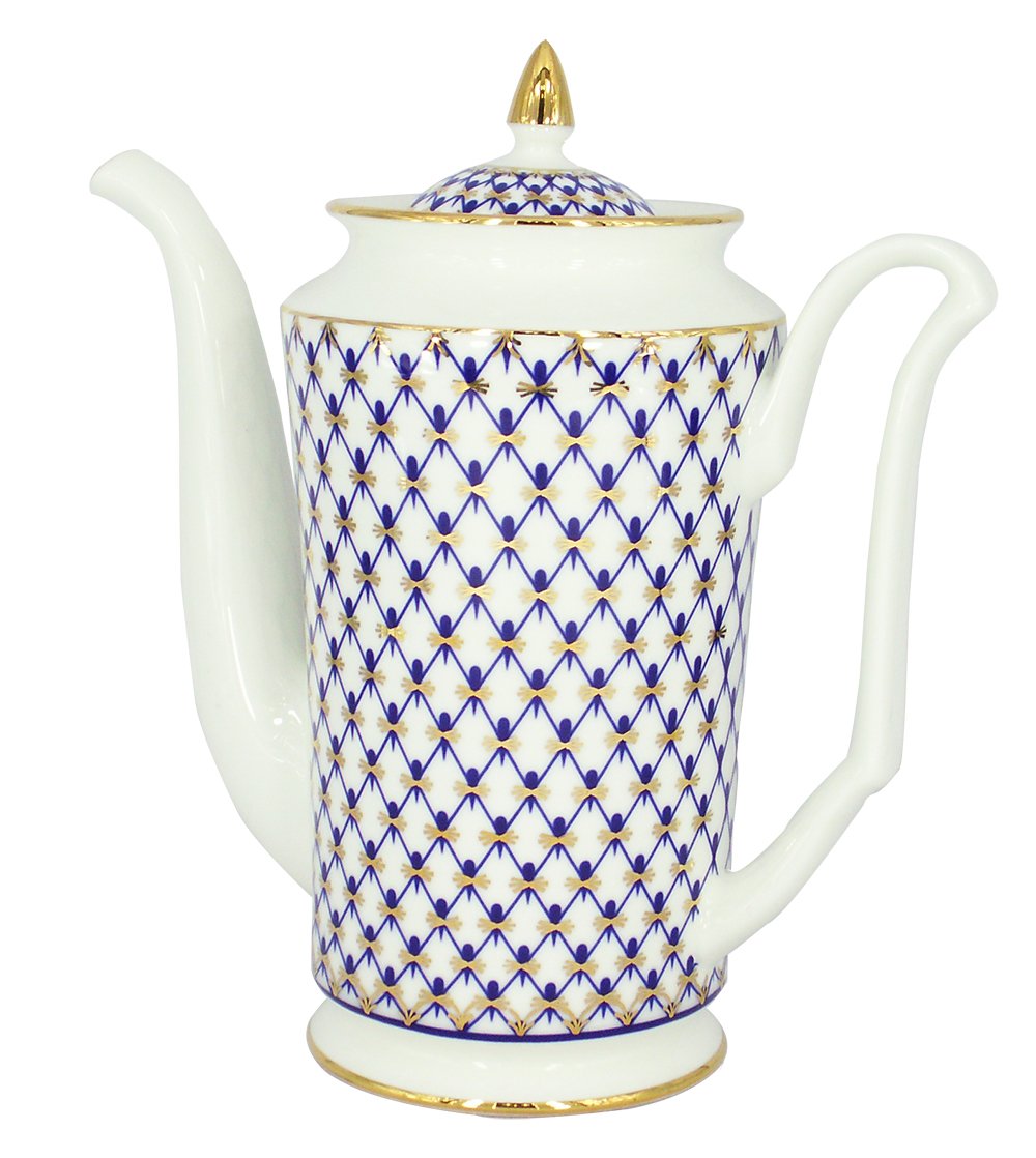 Lomonosov Porcelain Bone China Tea/Coffee Pot Yulia Cobalt Net 23.3 fl.oz/690 ml
