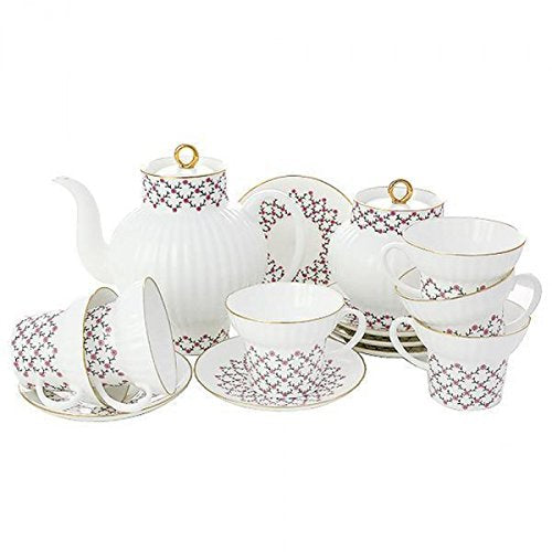 Lomonosov Porcelain Pink Net Wave Bone China Tea Set 20pc