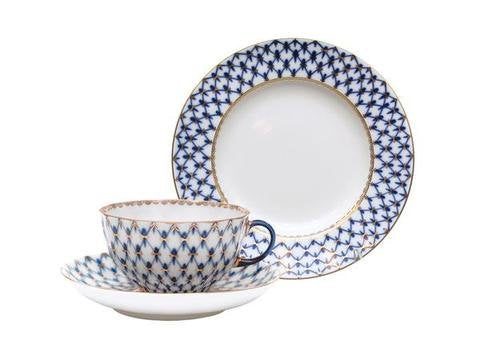 Lomonosov Porcelain Tulip Cobalt Net Tea Set 3 pc: Cup, Saucer, Dessert Plate