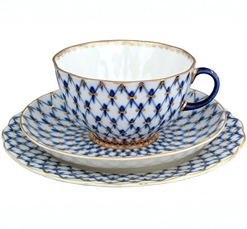 Lomonosov Porcelain Tulip Cobalt Net Tea Set 3 pc: Cup, Saucer, Dessert Plate