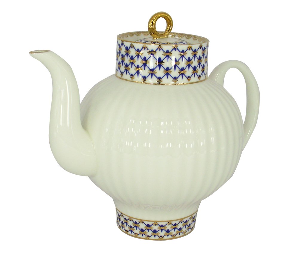 Lomonosov Porcelain Bone China Tea Pot Wave Cobalt Net 27 fl.oz/800 ml